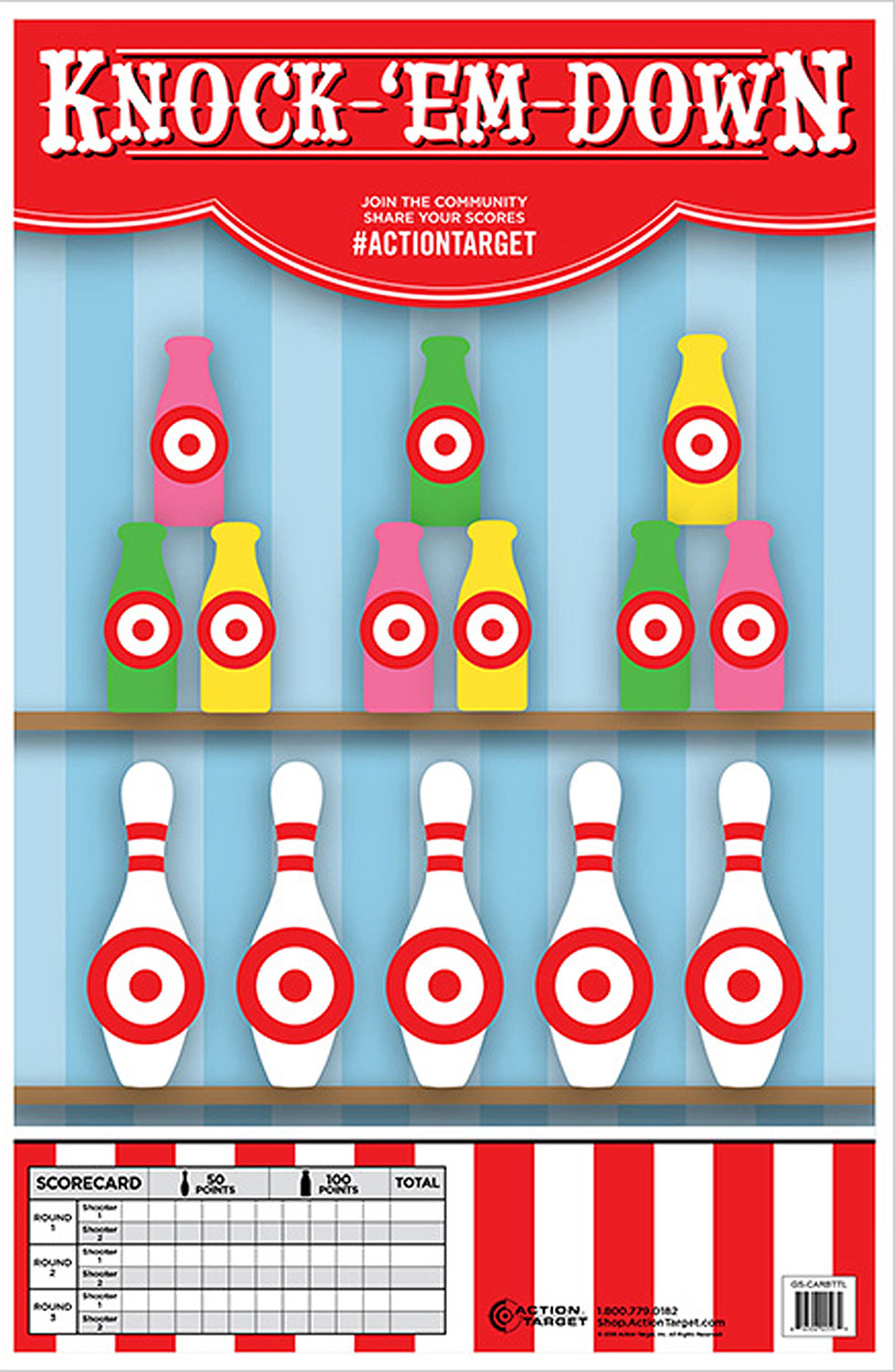 Action Target GSCARBTTL100 Carnival Knock-Down Bottles/Pins Paper Hanging Target 23" x 35" Multi-Color 100 Count