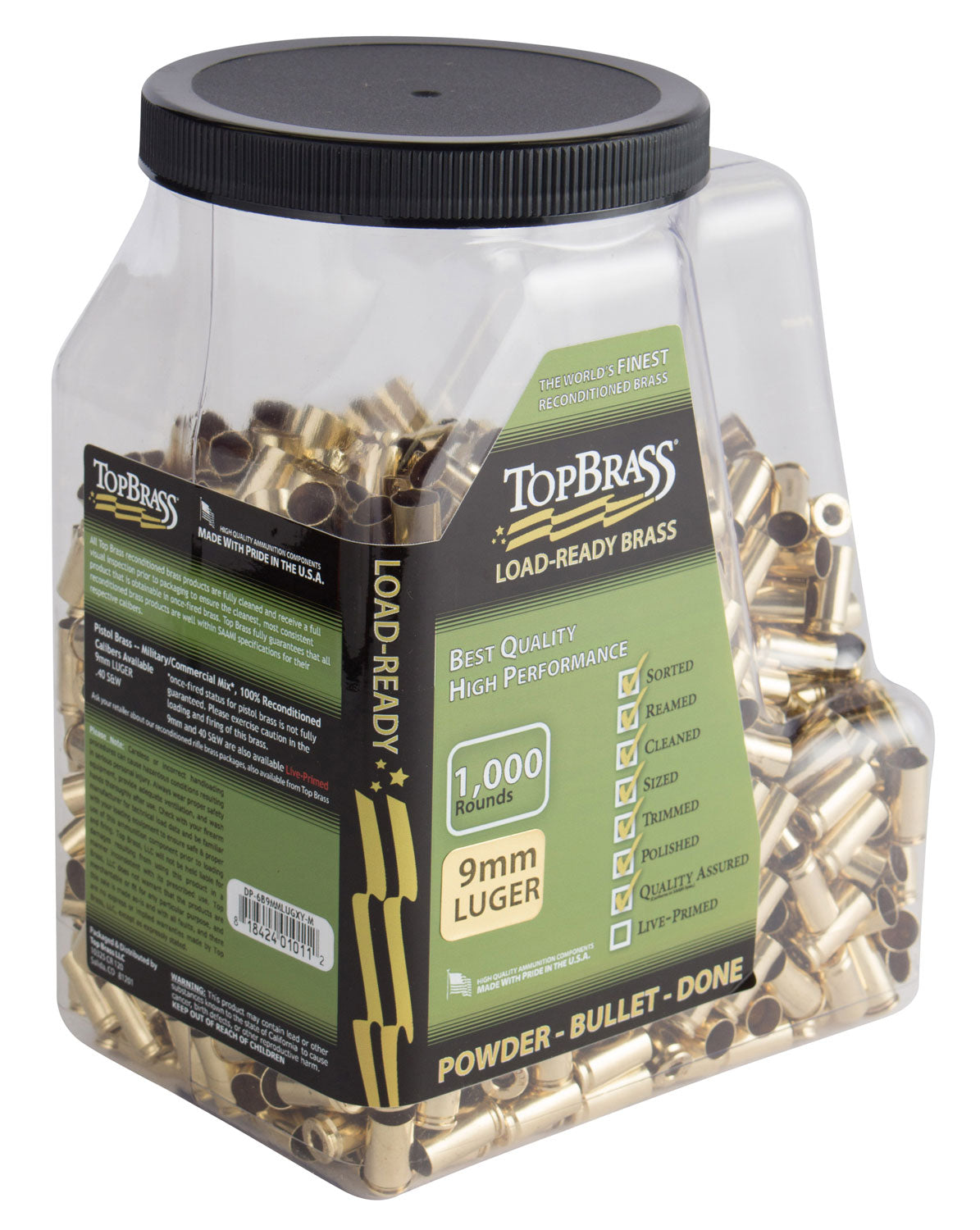 Top Brass 6B9MMLUGXYMJ Premium Reconditioned Unprimed Cases 9mm Luger Handgun Brass 1000/Jug