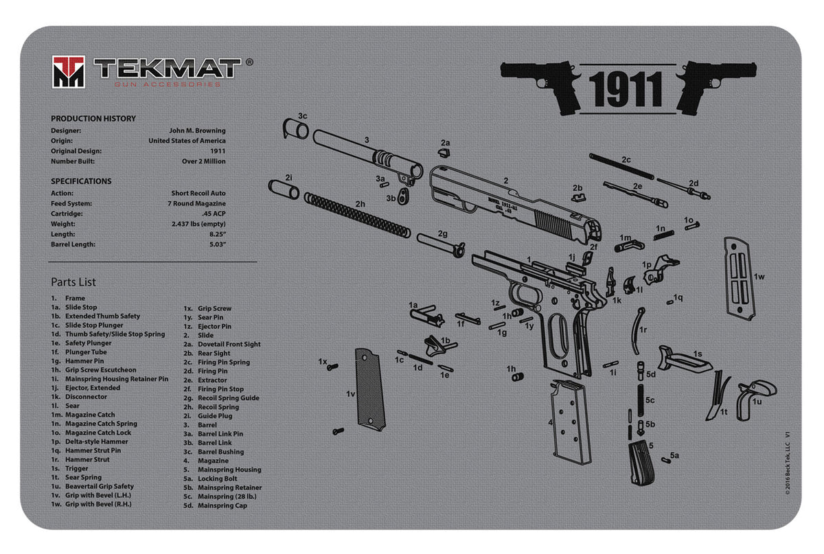 TekMat 11x17 Gray Rubber Cleaning Mat with 1911 Diagram