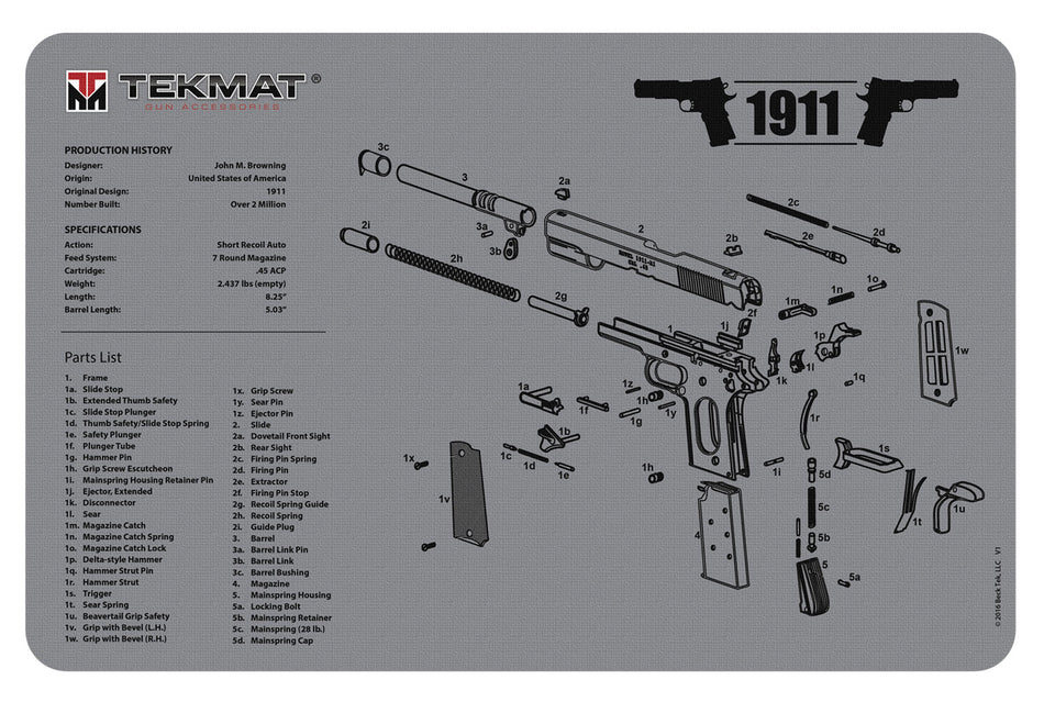TekMat 11x17 Gray Rubber Cleaning Mat with 1911 Diagram