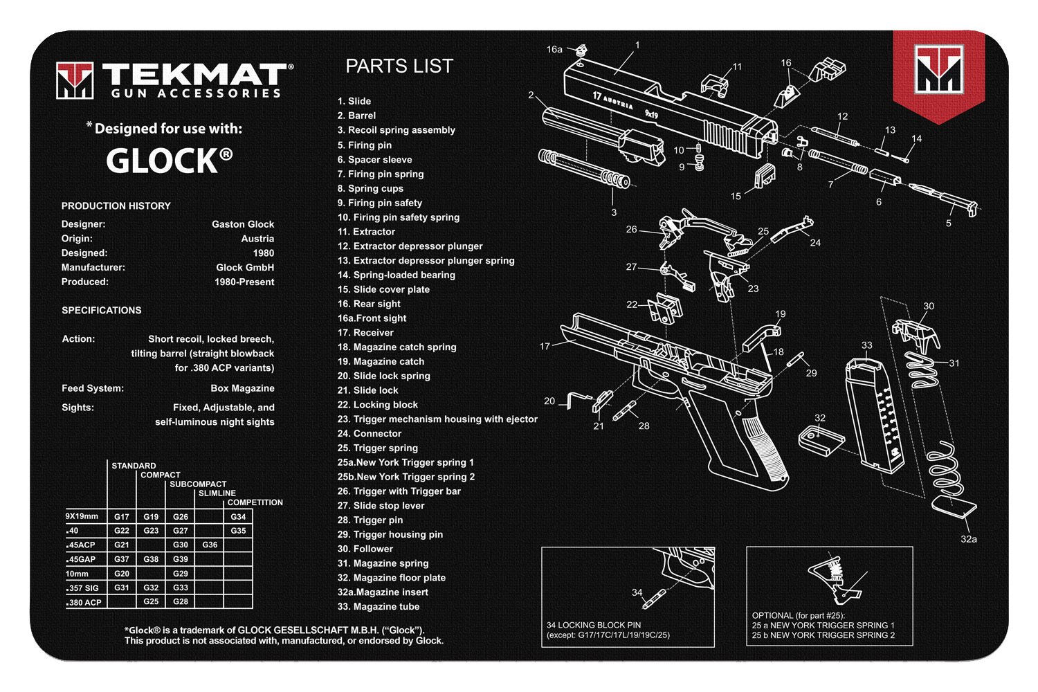 TekMat 11x17 Glock Parts Diagram Rubber Cleaning Mat Black/White