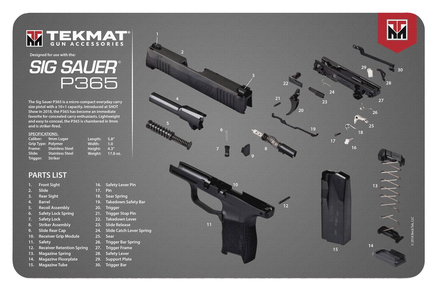 TekMat 11x17 Sig Sauer P365 Multi-Color Parts Diagram Rubber Cleaning Mat