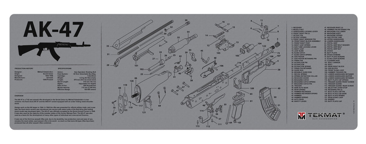 TekMat 36" AK-47 Parts Diagram Rubber Cleaning Mat Black/Gray 12"x36"