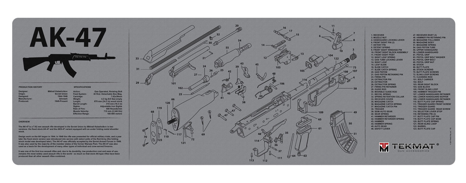TekMat 36" AK-47 Parts Diagram Rubber Cleaning Mat Black/Gray 12"x36"