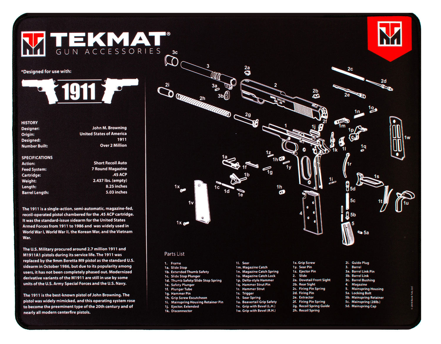 TekMat Ultra 20 1911 Parts Diagram Rubber Cleaning Mat Black/White 15"x20"