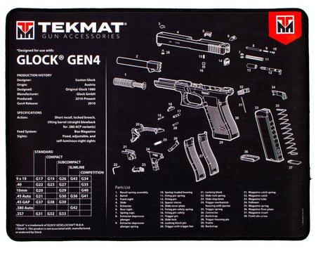 TekMat Ultra 20 Glock Gen4 Parts Diagram Rubber Cleaning Mat Black/White 15"x20"