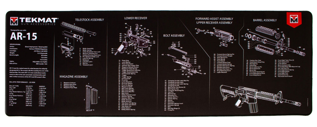 TekMat Ultra 44 AR-15 Parts Diagram Rubber Cleaning Mat Black/White 15"x44"