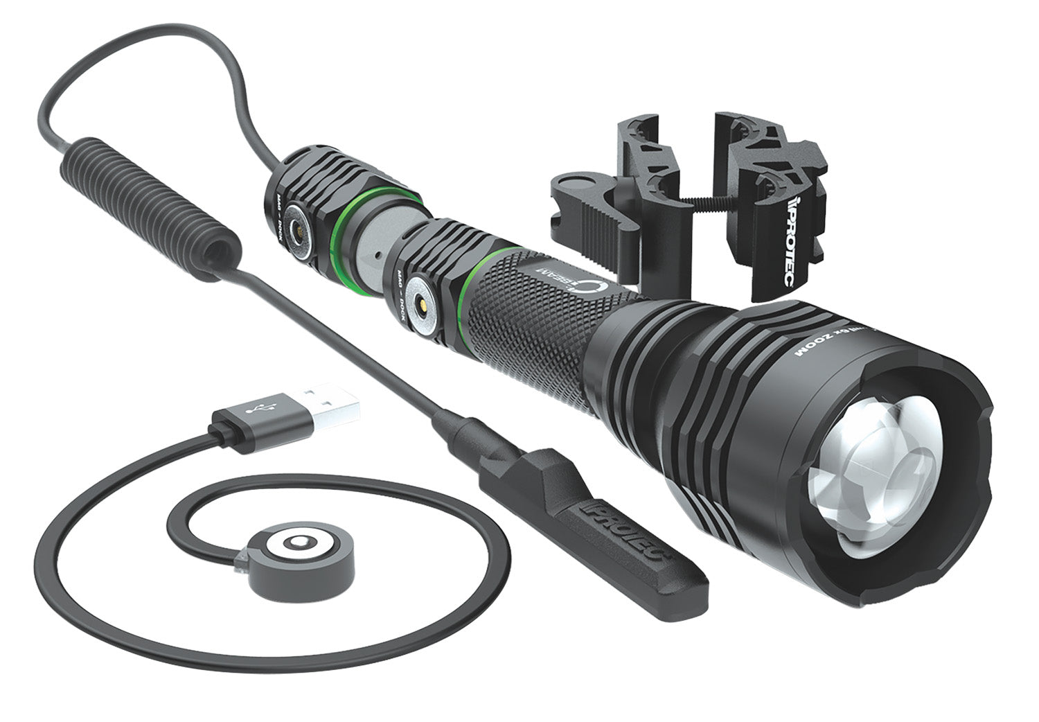 iProtec 6689 O2 Beam RC-Green 40/400 Lumens Rechargeable Green Light Black Anodized Hunting Flashlight