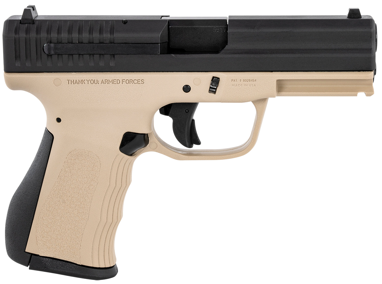 FMK G9C1G2RSS 9C1 G2 9mm Luger 14+1 4" Black Stainless Steel Barrel, Black Serrated Carbon Steel Slide, Desert Sand Polymer Frame w/Picatinny Rail, Black Backstrap Grip