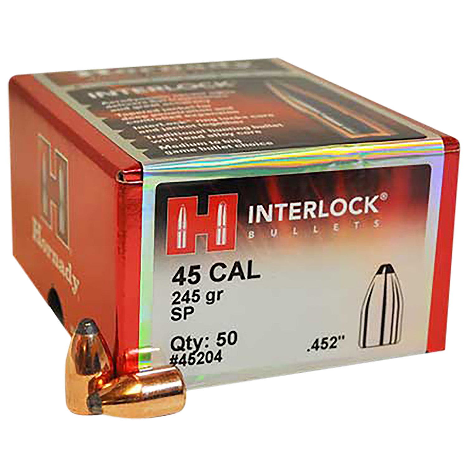 Hornady 45204 InterLock 45 Cal .452 245 gr Spire Point Bullets 50/Box