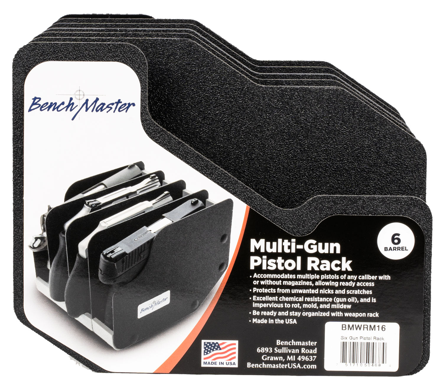 BenchMaster 6-Pistol Kydex and Foam WeaponRac Storage Rack, Black, Model BMWRM16