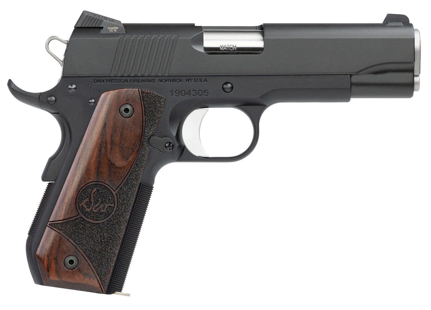 Dan Wesson 01828 Guardian 9mm Luger 9+1 4.25" Stainless Steel Barrel, Black Duty Serrated Stainless Steel Slide, Black Aluminum Frame w/Beavertail, Wood Grip, Ambidextrous
