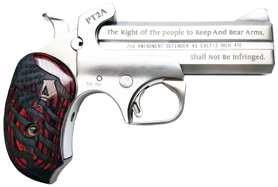 Bond Arms PT2A Protect the 2nd Amendment 38 Special/357 Mag 2rd 4.25" Engraved Stainless Barrel, Blade Front/Fixed Rear Sights, Extended Engraved Rosewood Grip, Manual Safety, Includes BAD Leather Dr
