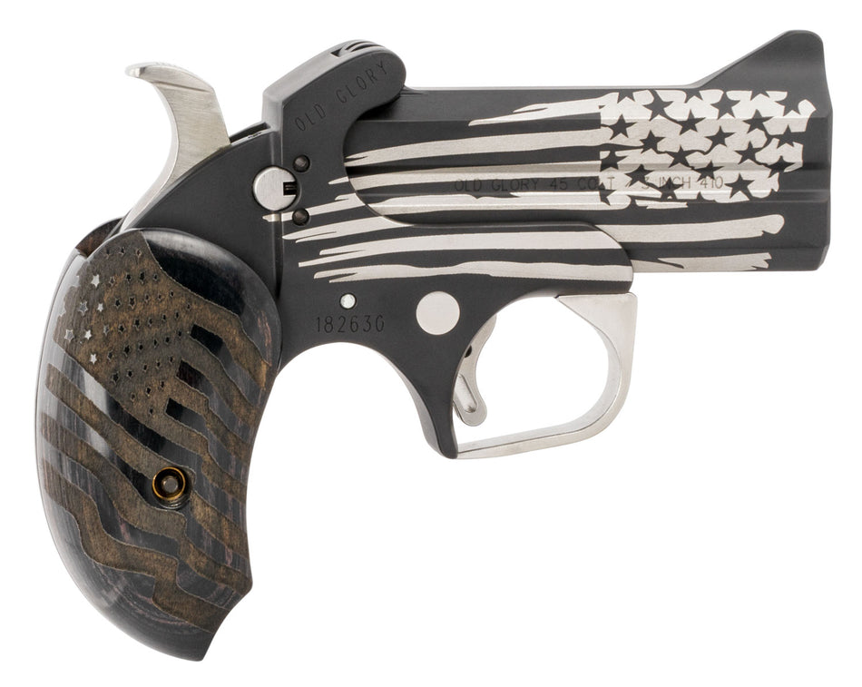 Bond Arms BAOG Old Glory 45 Colt (LC)/410 Gauge 2rd 3.50" Stainless Double Barrel & Frame w/Cerakote Laser Engraved American Flag, Auto Extractor & Rebounding Hammer, Engraved Extended Black Ash Grip