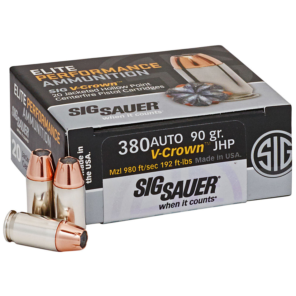 Sig Sauer Elite Performance .380 ACP/Auto 90 grain V Crown Jacketed Hollow Point ammunition