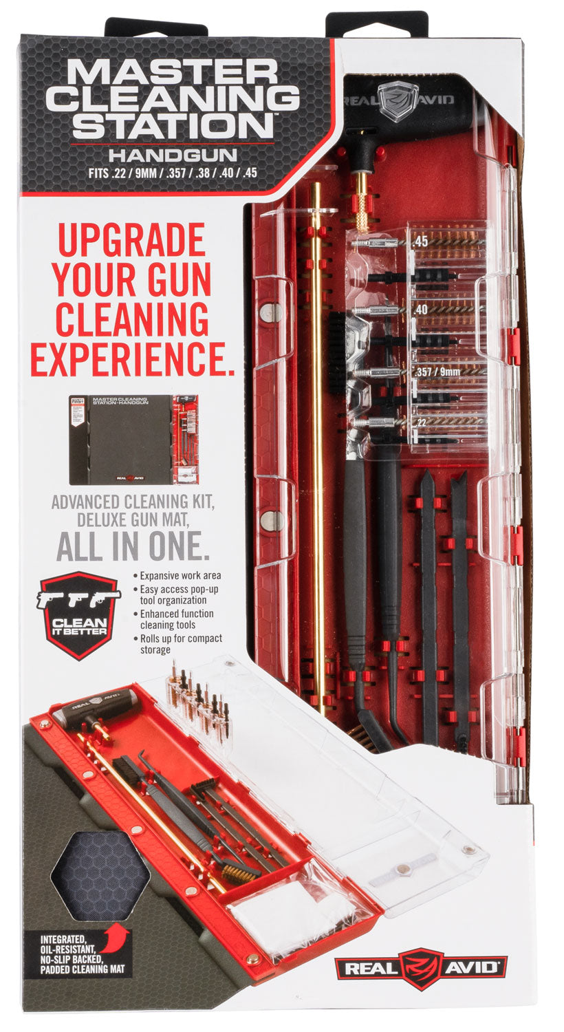 Real Avid AVMCSP .22 to .45 Cal Pistol Master Cleaning Station Kit with Nylon and Bronze Tools