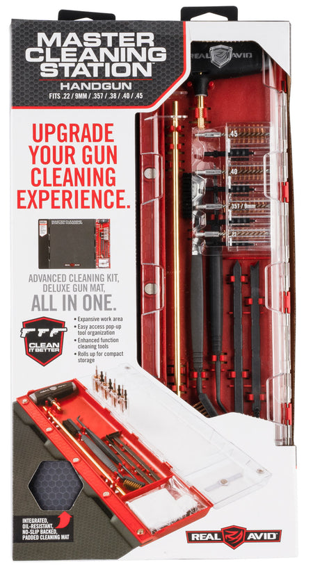 Real Avid AVMCSP .22 to .45 Cal Pistol Master Cleaning Station Kit with Nylon and Bronze Tools