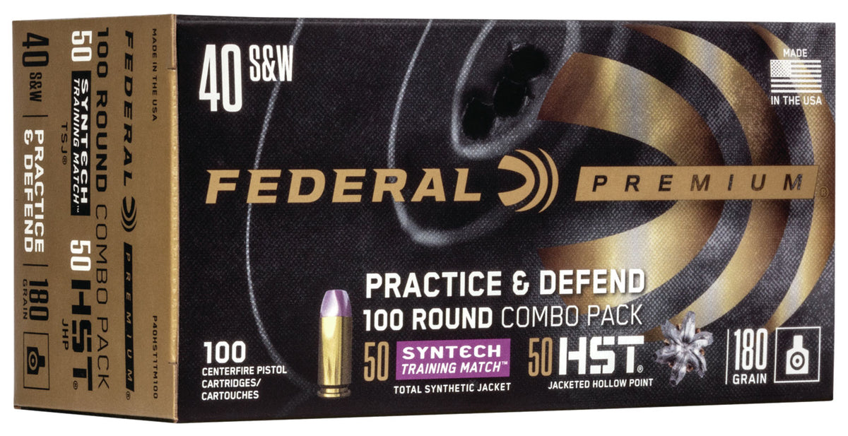 Federal Premium Defense Syntech Practice & Defend .40 S&W 180 grain HST JHP/Syntech TSJ ammunition