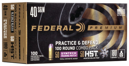 Federal Premium Defense Syntech Practice & Defend .40 S&W 180 grain HST JHP/Syntech TSJ ammunition