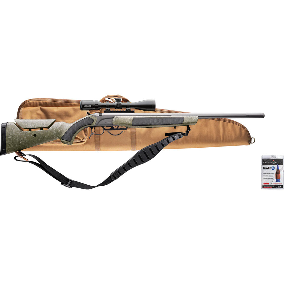 CVA Accura MR-X 45 Caliber Muzzleloader Package Tungsten Cerakote 26 Inch Fluted Threaded Barrel Drilled Tapped Receiver Adjustable Synthetic Stock KonusPro 3-9x40 IR BDC Scope Soft Case