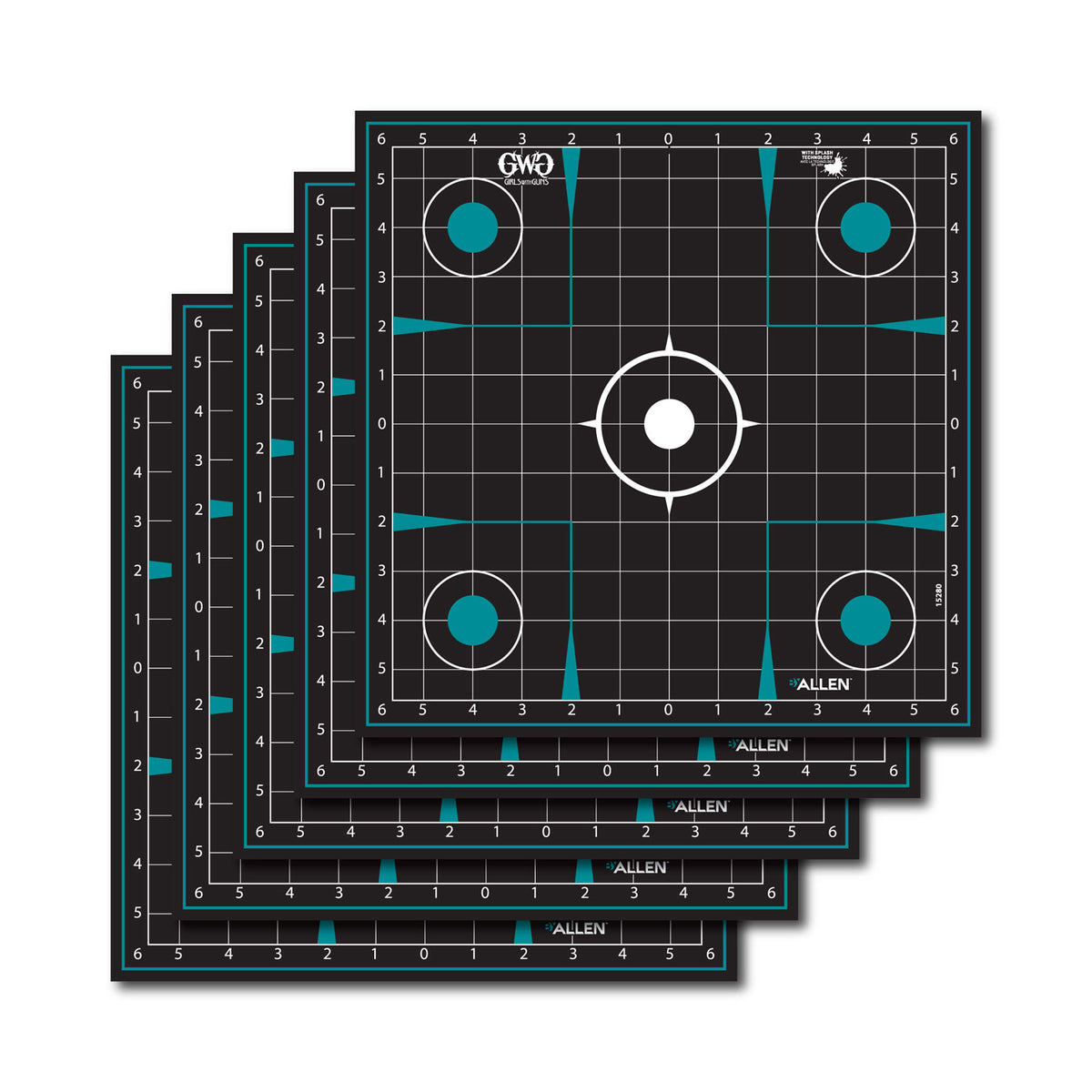 Girls With Guns Splash Self-Adhesive Sight-In Grid Targets Black Teal 12x12" 5 Pack