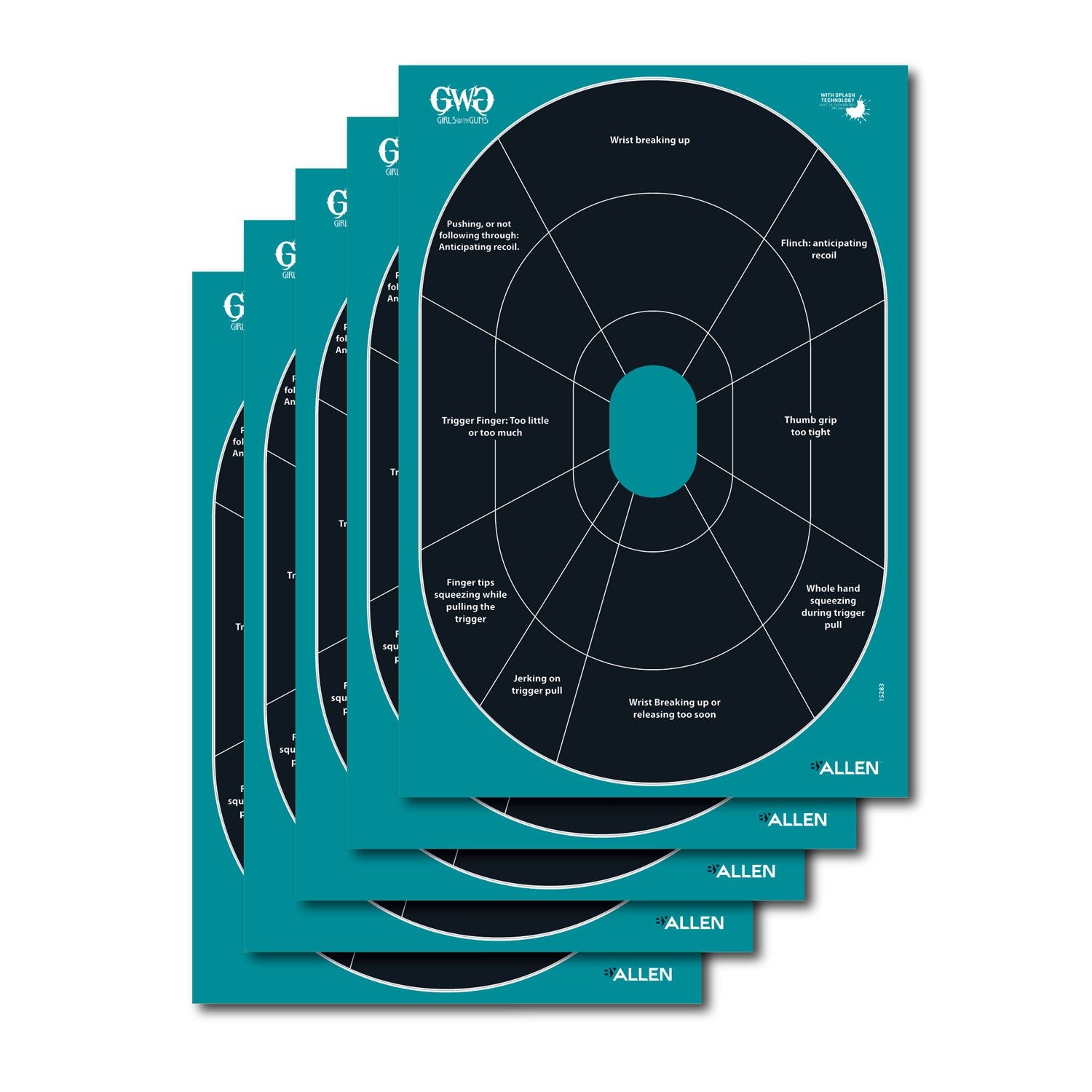 Girls With Guns Splash Reactive Self-Adhesive Paper Target Black/Teal Oval 12"x18" 5 Pack