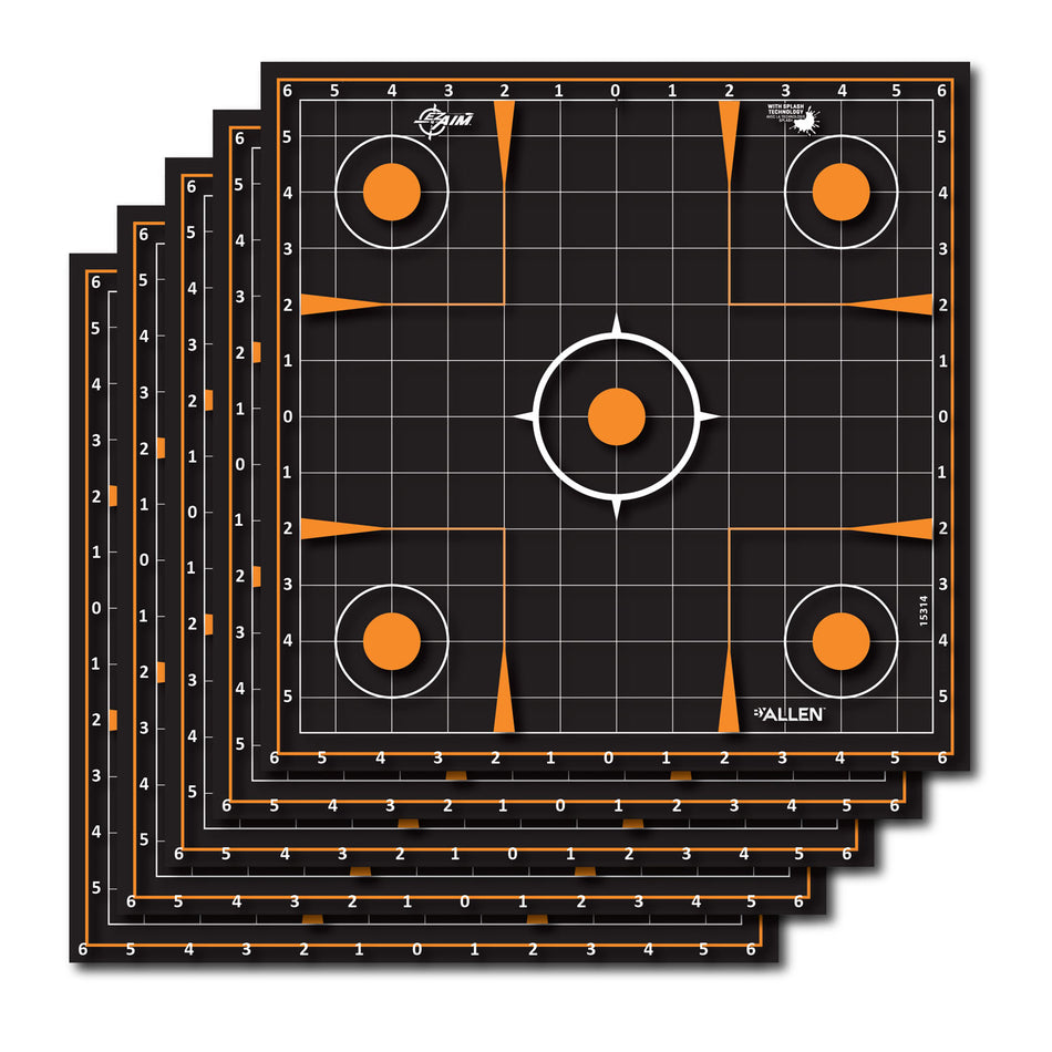 EZ-Aim 15314 12-Inch Splash Reactive Adhesive Sight-In Grid Targets – Black & Orange, 5-Pack