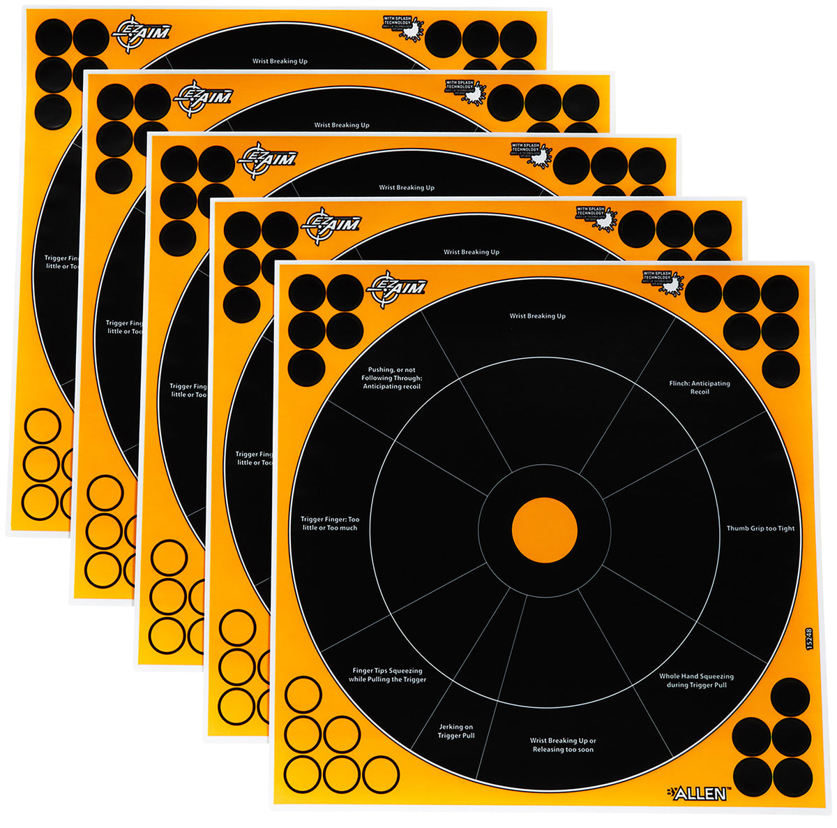 EZ-Aim 15248 12-Inch Splash Reactive Adhesive Bullseye Targets – Black & Orange, 5-Pack