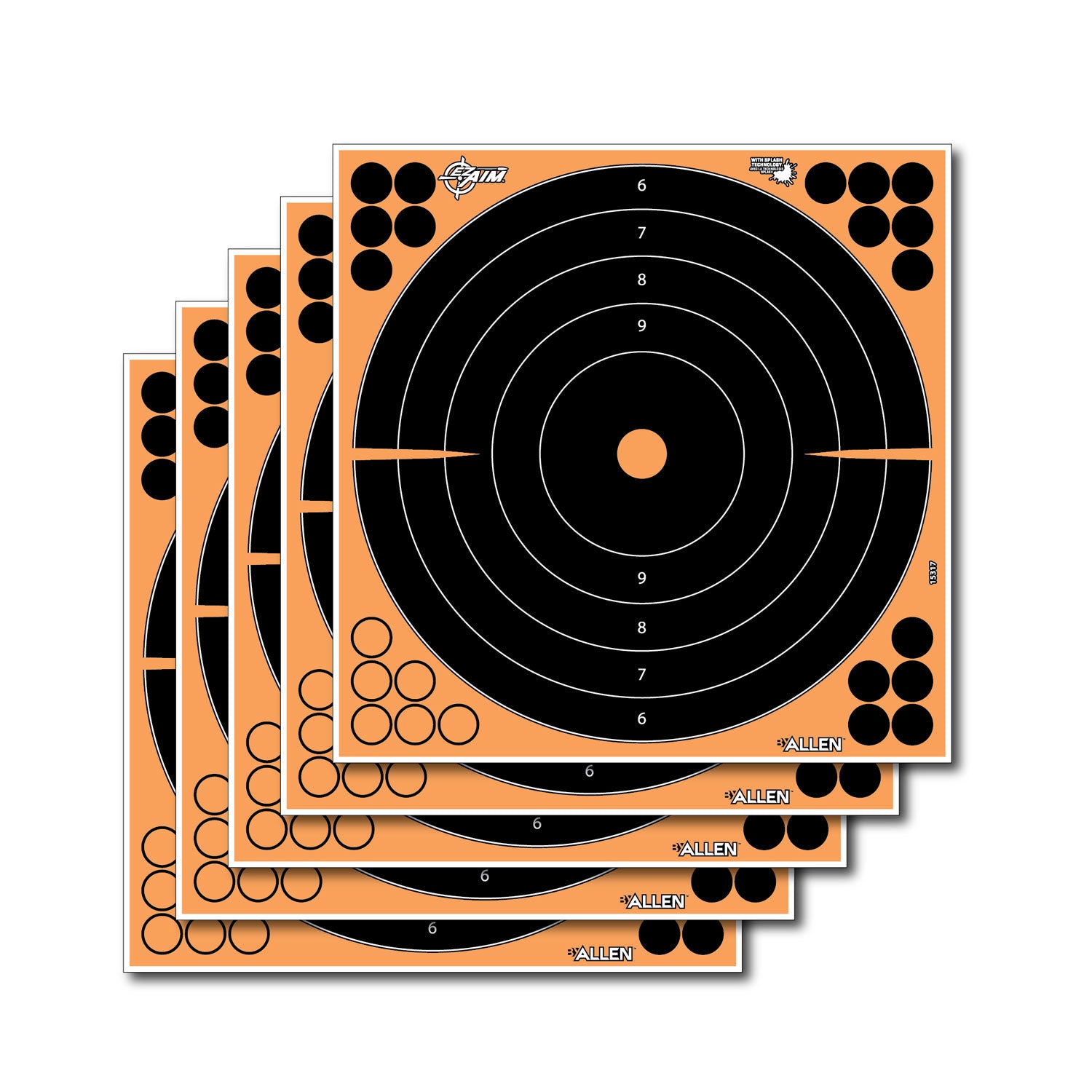 EZ-Aim 15317 12-Inch Splash Reactive Adhesive Bullseye Targets – Black & Orange, 5-Pack