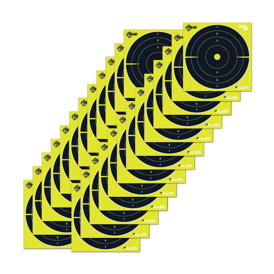 EZ-Aim 15213 Reactive 8x8 Bullseye Hanging Paper Targets with Splash Technology – 25 Per Package