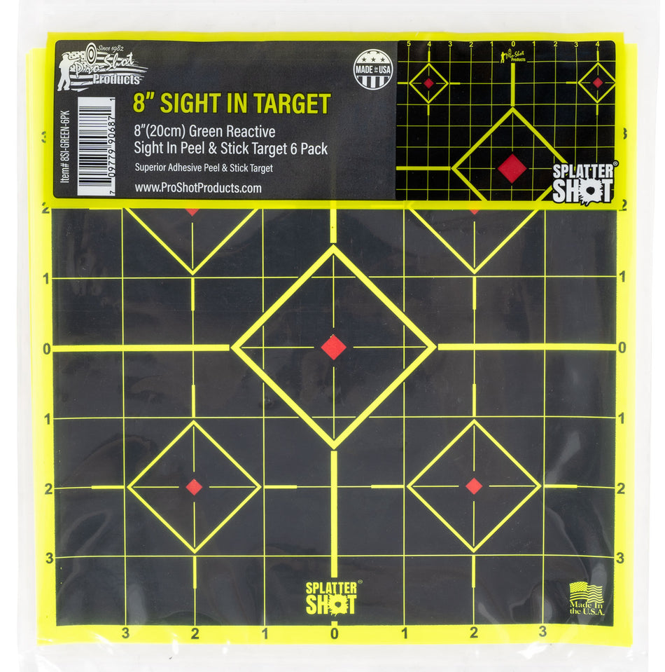Pro-Shot SplatterShot 8" Black/Green Sight-In Self-Adhesive 5-Diamond Targets with Grid 6 Pack