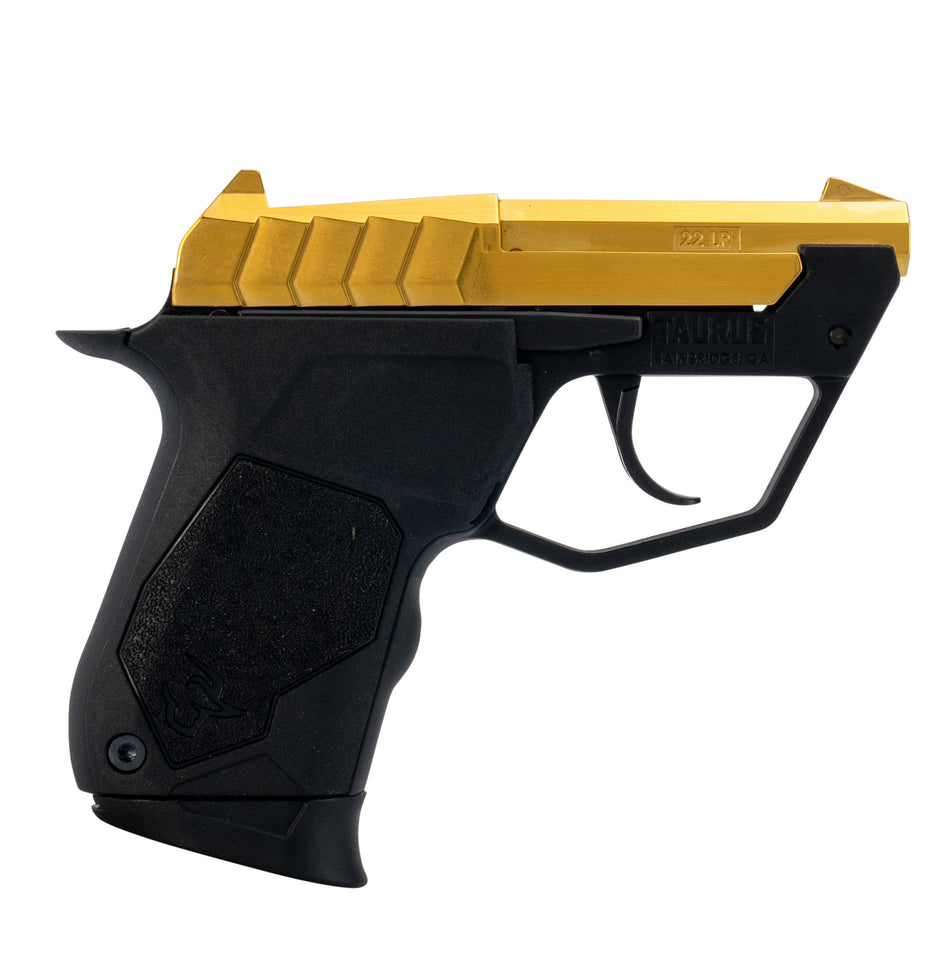 Taurus 1-22TUC13G 22TUC Micro-Compact Frame 22 LR 9+1 2.50" Polished Gold PVD Steel Tip-Up Barrel, Gold PVD Serrated Stainless Steel Slide, Black Polymer Frame, Black Polymer Grip