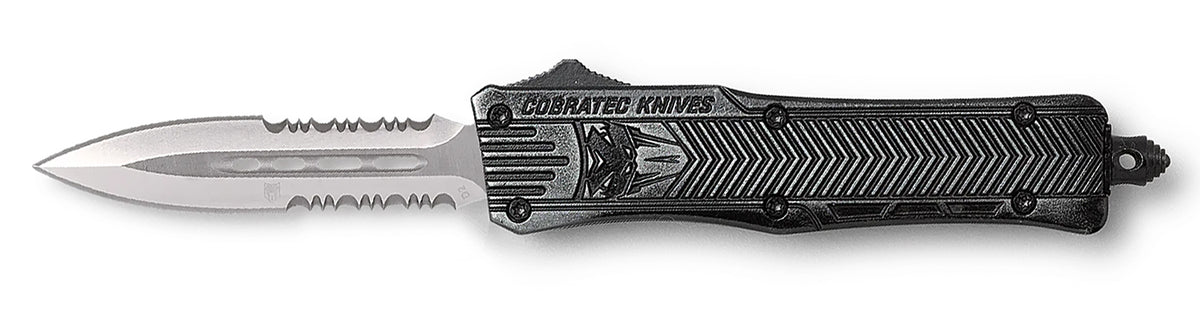 CobraTec CTK-1 OTF Dagger 2.75" Part Serrated D2 Steel Blade Stonewashed Aluminum Handle Glass Breaker Included