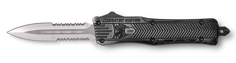 CobraTec CTK-1 OTF Dagger 2.75" Part Serrated D2 Steel Blade Stonewashed Aluminum Handle Glass Breaker Included