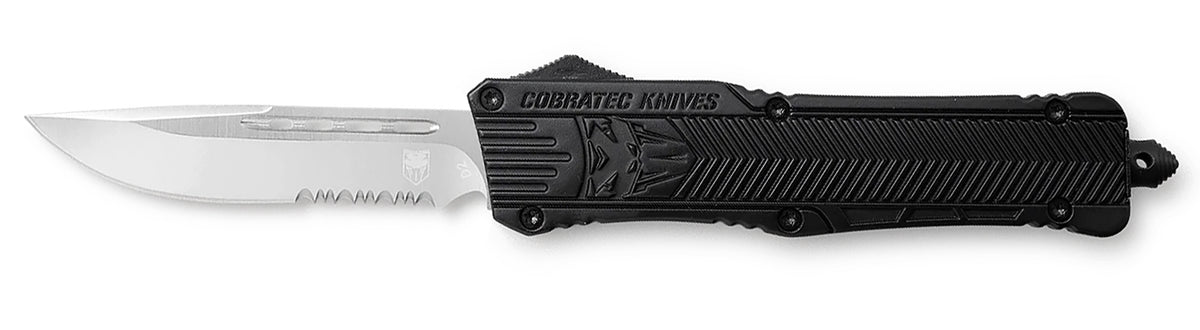 CobraTec CTK-1 OTF Drop Point 3.75" Part Serrated D2 Steel Blade Black Aluminum Handle Glass Breaker Included