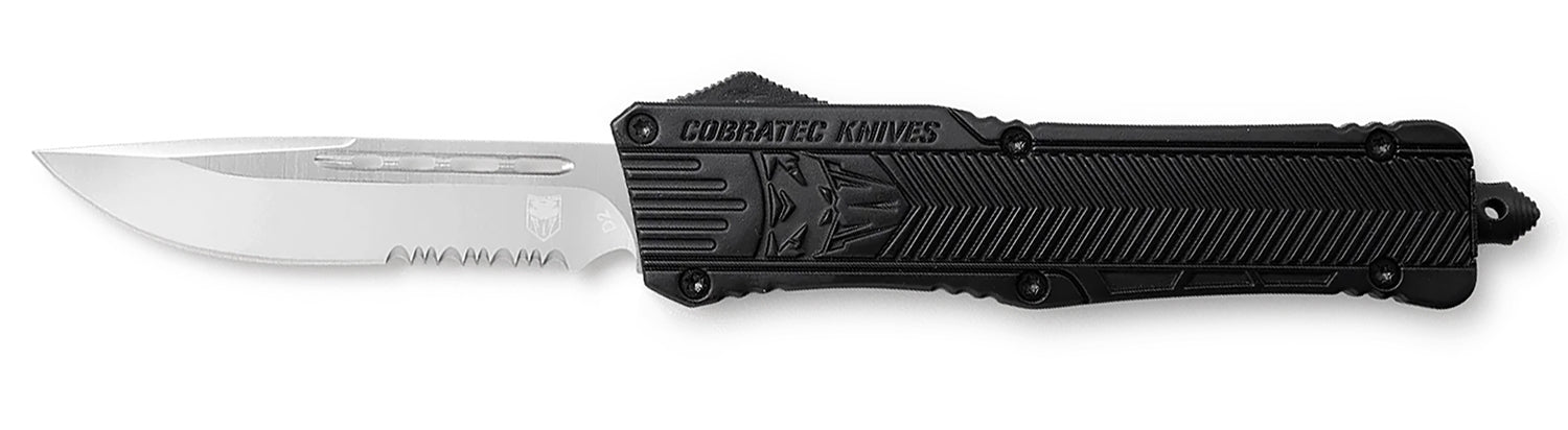 CobraTec CTK-1 OTF Drop Point 3.75" Part Serrated D2 Steel Blade Black Aluminum Handle Glass Breaker Included