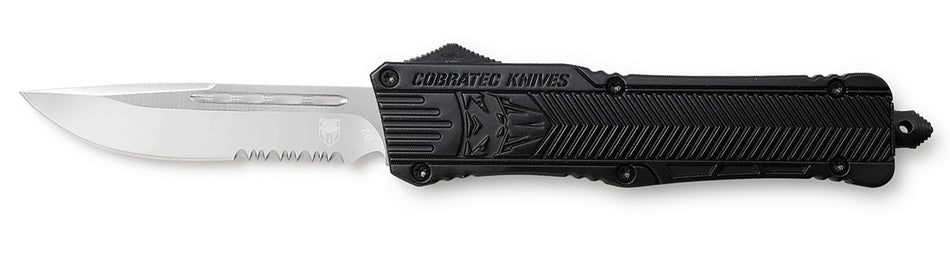 CobraTec CTK-1 OTF Drop Point 3.75" Part Serrated D2 Steel Blade Black Aluminum Handle Glass Breaker Included