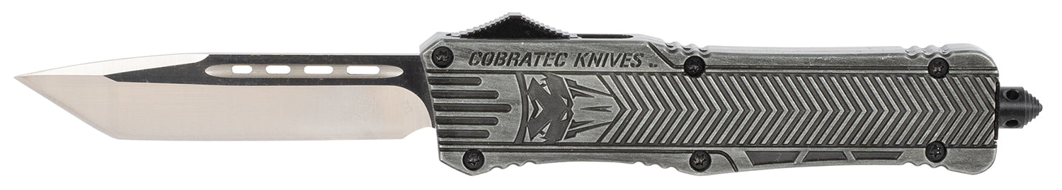 CobraTec CTK-1 3.75" Large OTF Tanto Plain D2 Blade Stonewashed Aluminum Handle Glass Breaker and Pocket Clip