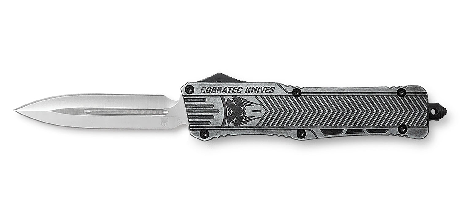 CobraTec CTK-1 3.75" Large OTF Dagger Plain D2 Blade Stonewashed Aluminum Handle Glass Breaker and Pocket Clip