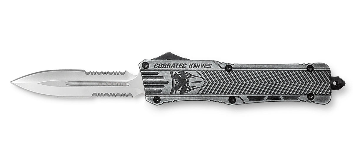 CobraTec CTK-1 3.75" Large OTF Dagger D2 Steel Part Serrated Blade Stonewashed Aluminum Handle Glass Breaker & Clip