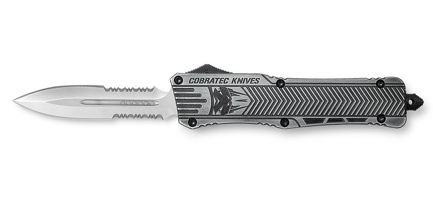 CobraTec CTK-1 3.75" Large OTF Dagger D2 Steel Part Serrated Blade Stonewashed Aluminum Handle Glass Breaker & Clip