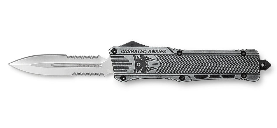 CobraTec CTK-1 3.75" Large OTF Dagger D2 Steel Part Serrated Blade Stonewashed Aluminum Handle Glass Breaker & Clip