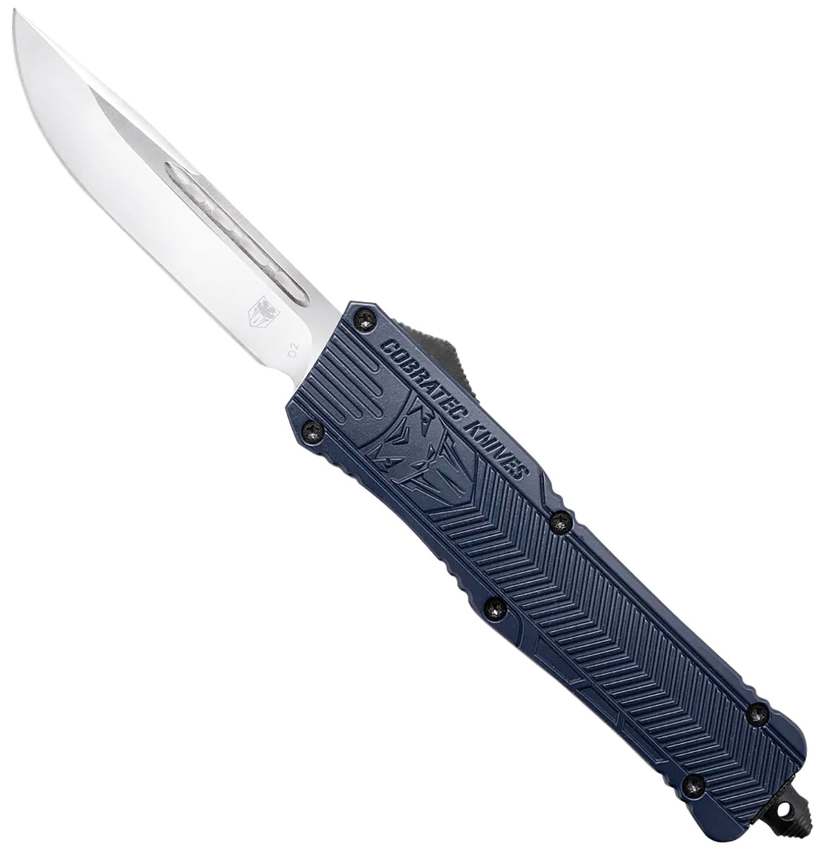 CobraTec CTK-1 3.75" Large OTF Drop Point Plain D2 Blade NYPD Blue Aluminum Handle Glass Breaker and Clip
