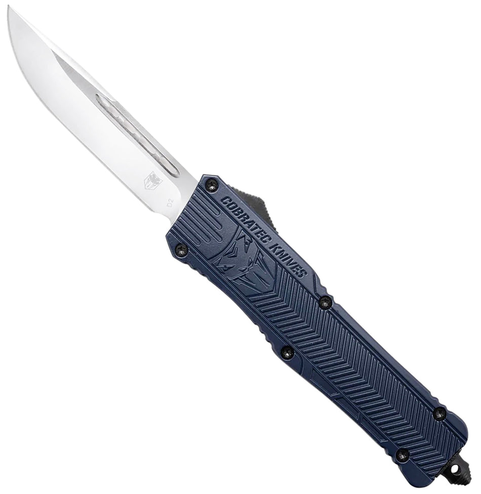 CobraTec CTK-1 3.75" Large OTF Drop Point Plain D2 Blade NYPD Blue Aluminum Handle Glass Breaker and Clip