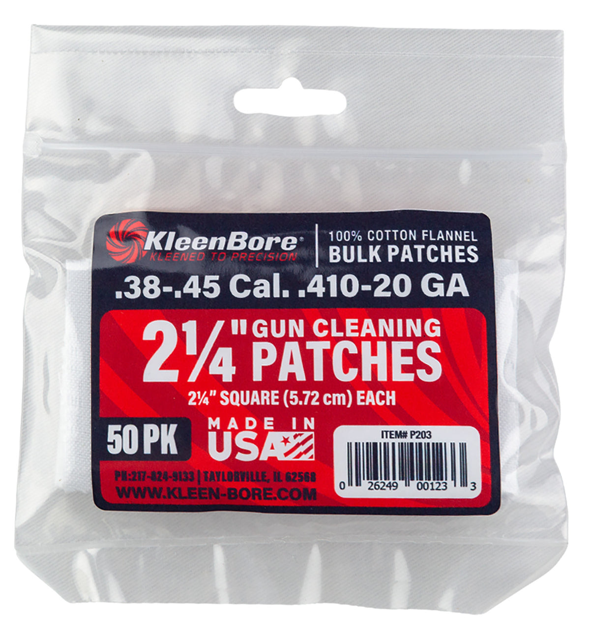 KleenBore P203 Cotton Flannel Bore Patches .38/.45 Cal 20/.410 Gauge 2.25" 50 Per Pack