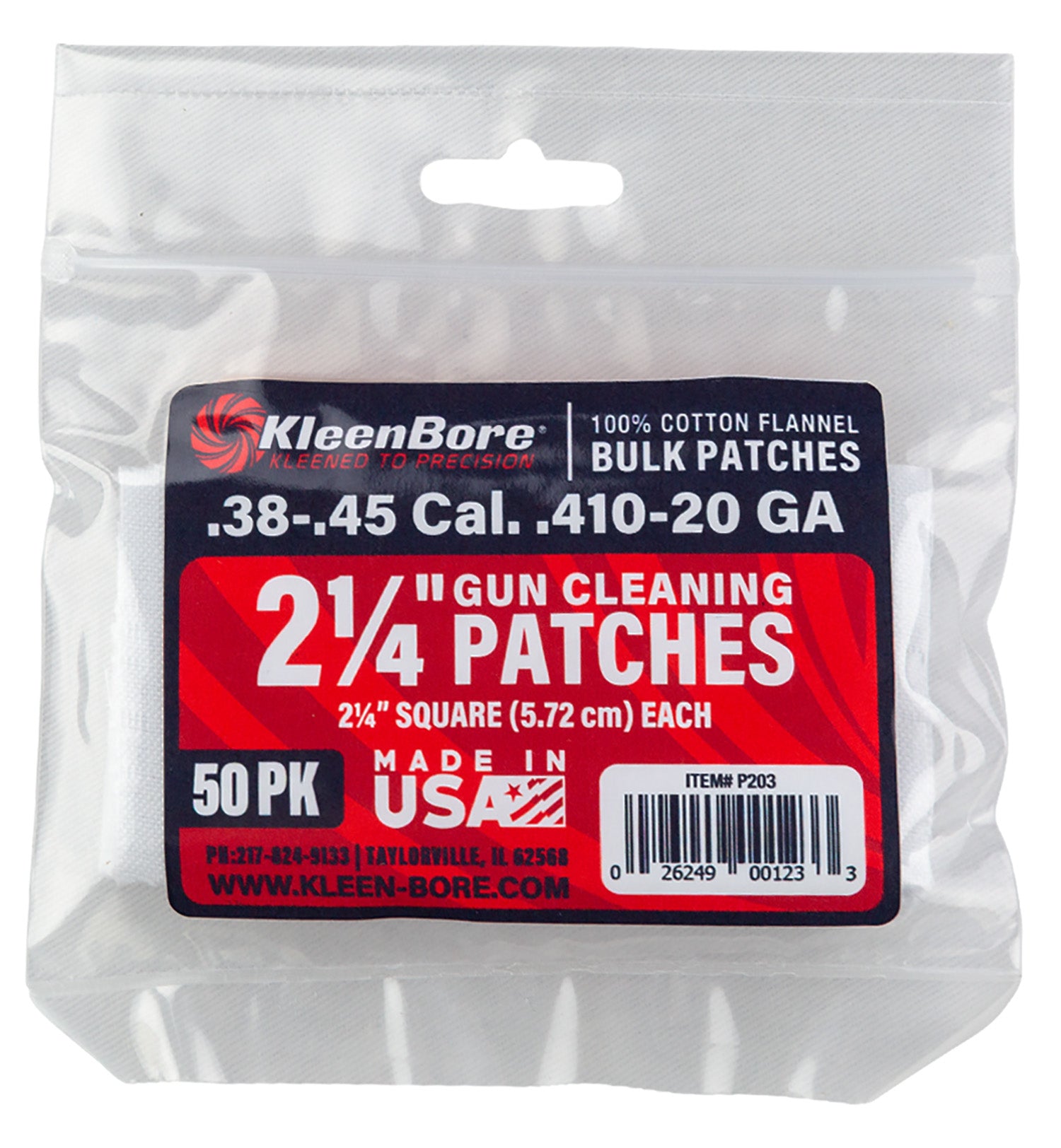 KleenBore P203 Cotton Flannel Bore Patches .38/.45 Cal 20/.410 Gauge 2.25" 50 Per Pack