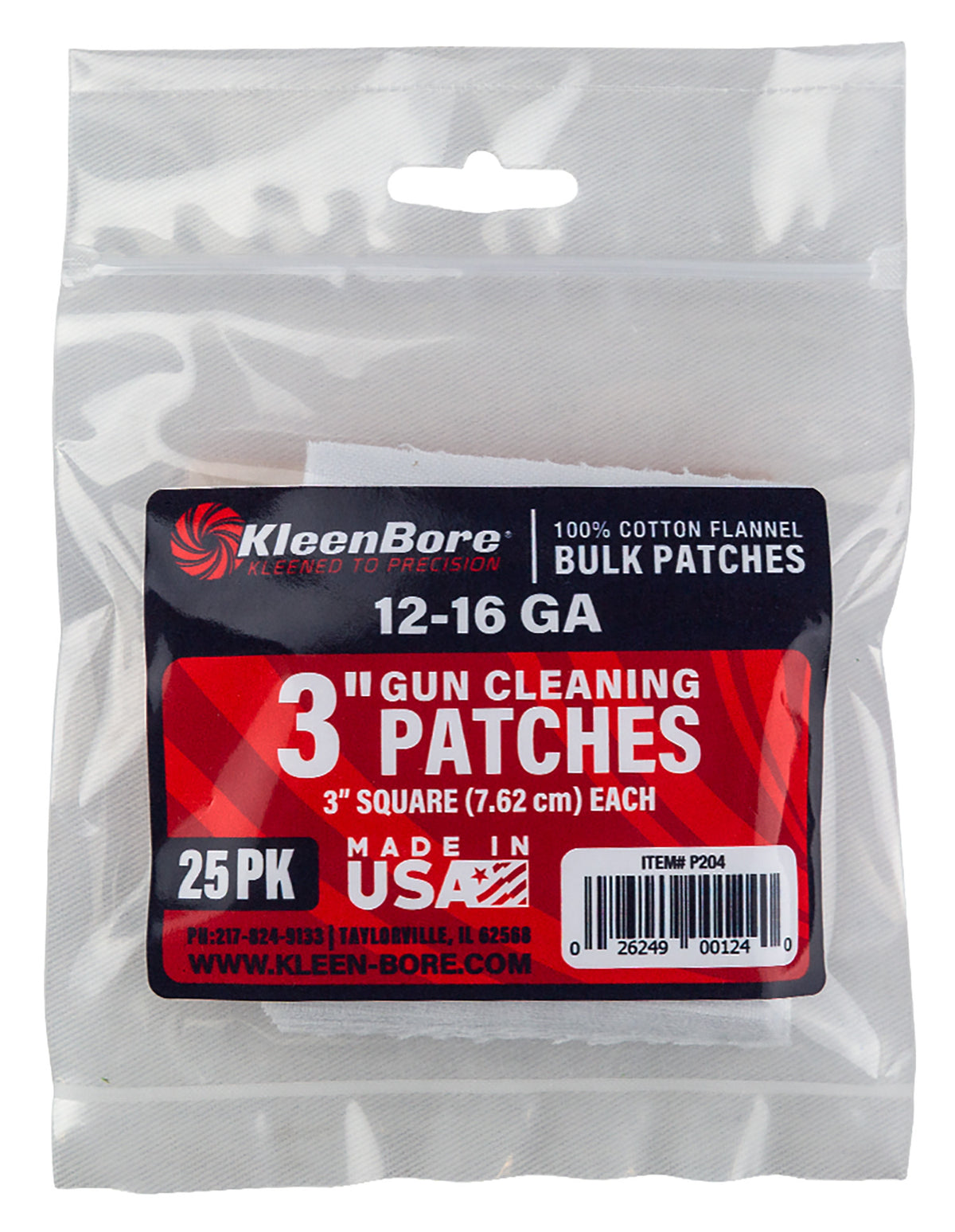KleenBore P204 Cotton Flannel Bore Cleaning Patches 12-16 Gauge Shotgun 3" 25 Per Pack