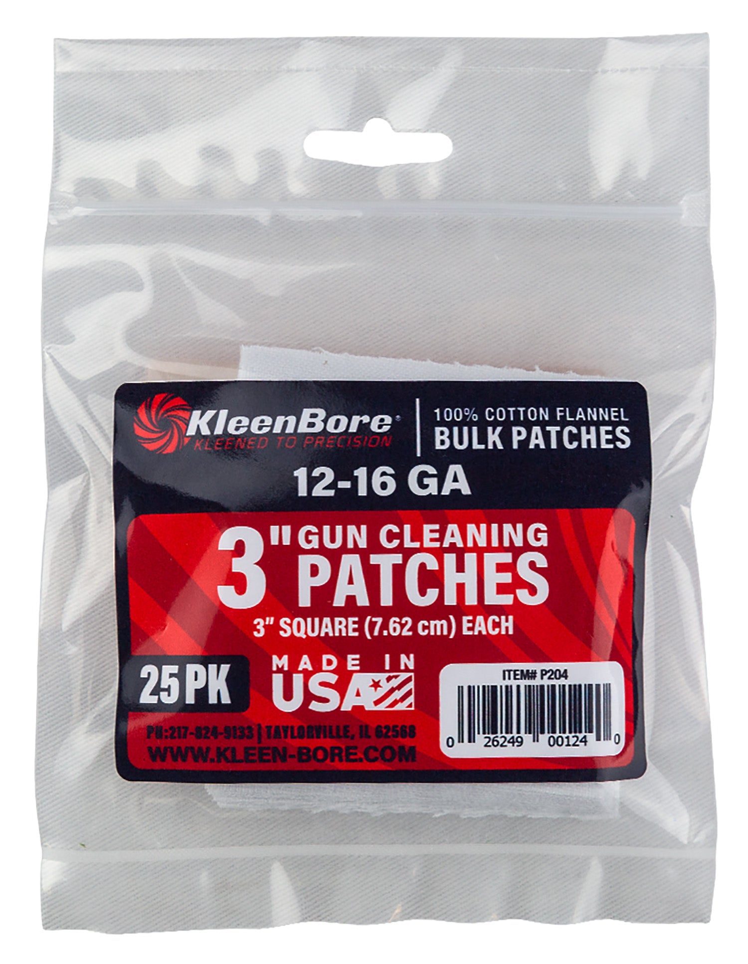 KleenBore P204 Cotton Flannel Bore Cleaning Patches 12-16 Gauge Shotgun 3" 25 Per Pack