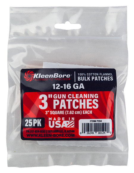 KleenBore P204 Cotton Flannel Bore Cleaning Patches 12-16 Gauge Shotgun 3" 25 Per Pack