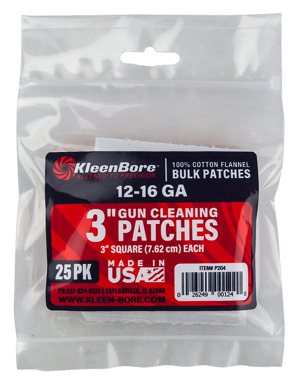 KleenBore P204 Cotton Flannel Bore Cleaning Patches 12-16 Gauge Shotgun 3" 25 Per Pack